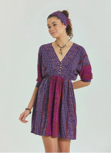 V Neck Elastic Waist Backless Purple Flower Dress 4566